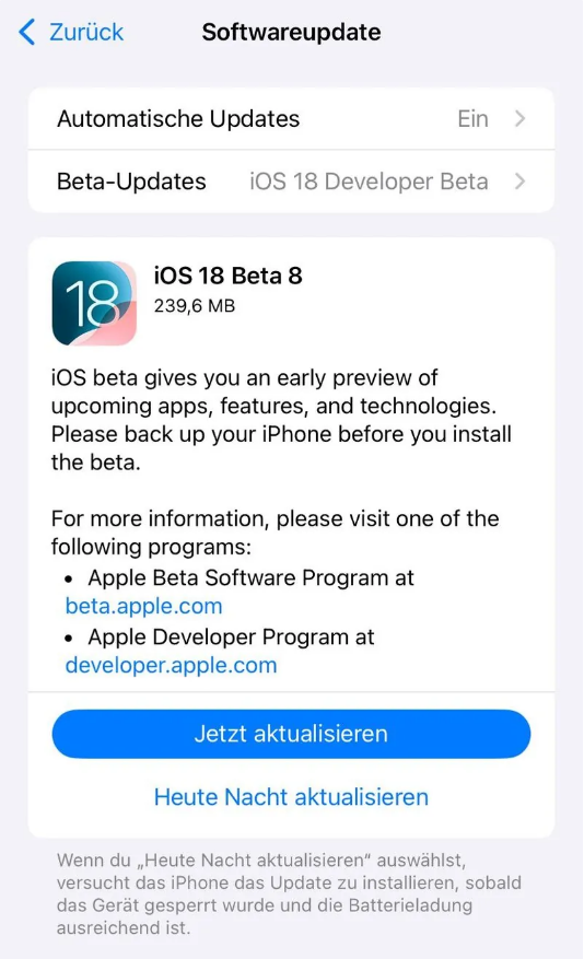 玉泉街道苹果手机维修分享苹果 iOS / iPadOS 18 开发者预览版 Beta 8 发布 